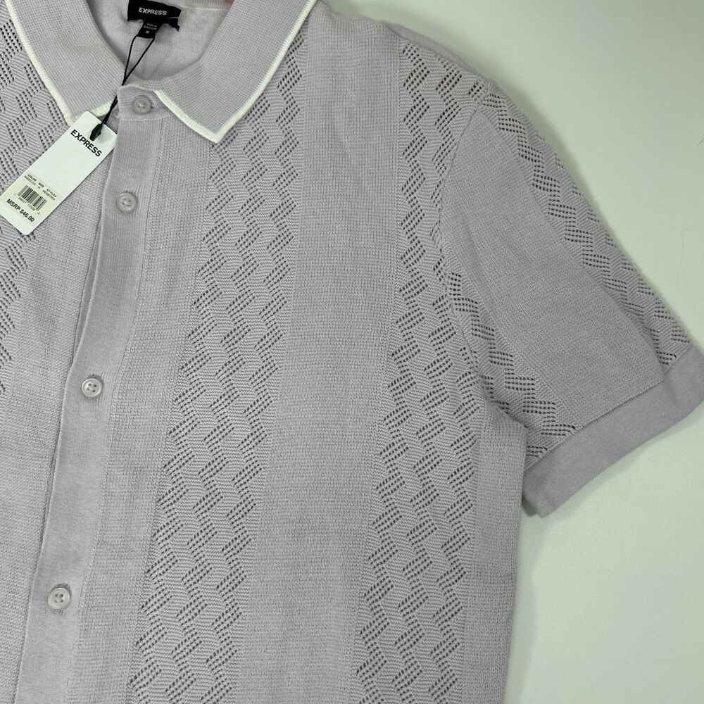 NWT Express Men’s Medium Button Down Collard Style Knit Shirt 100 % Cotton LILAC - Picture 3 of 7